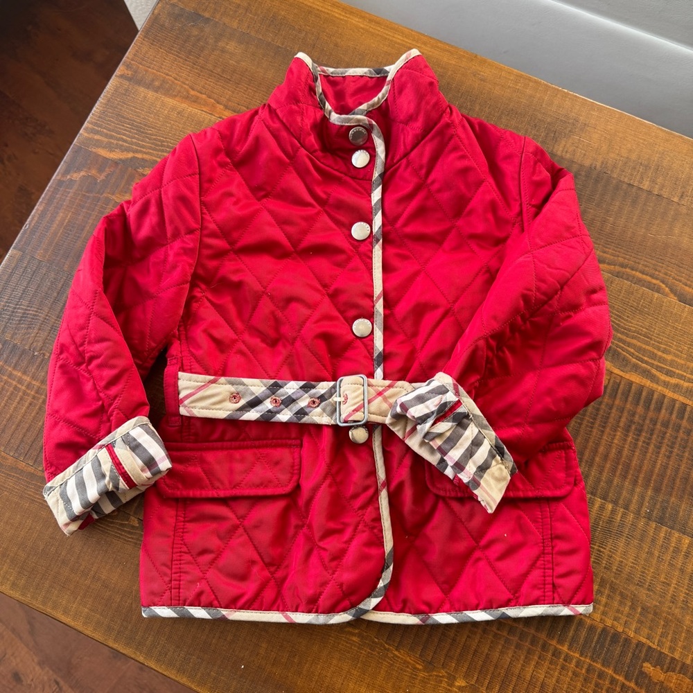 Burberry Red Quilted Kids Jacket with Check Trim